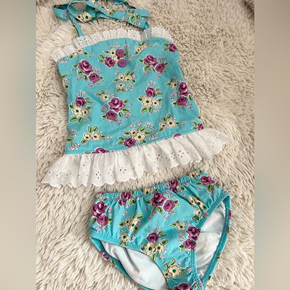 Eleanor Rose Floral Aqua and Purple Kids Bikini